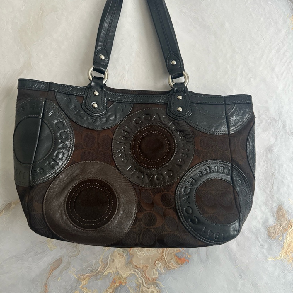 COACH Circle Patchwork East West  Black Brown Shoulder Handbag Purse F15466